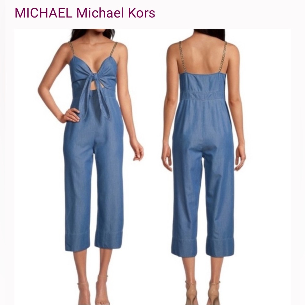 Michael Kors Jumpsuit Tie-Waist Denim Gold-Chain-Spaghetti Strap